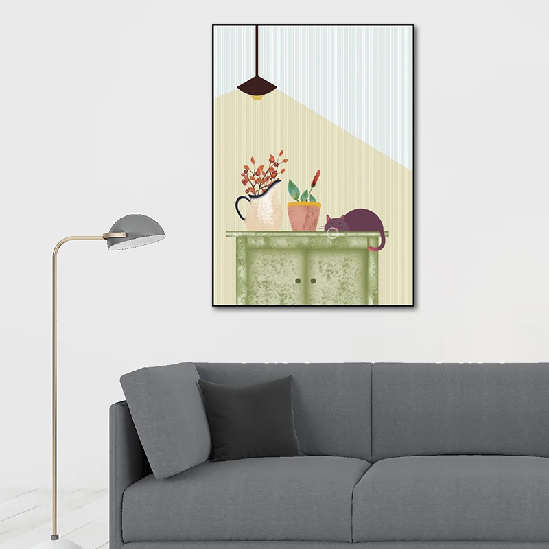 Lienzo para sala de estar con superficie texturizada de estilo infantil con estampado de gatito y planta en maceta Amarill...