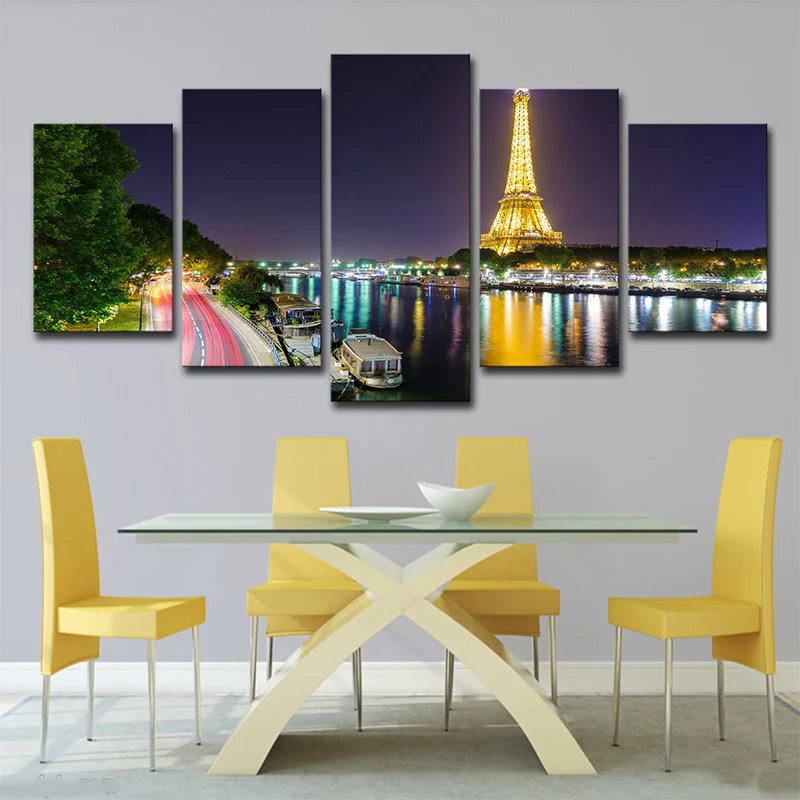 Lienzo verde decoración de pared inspirado en la escena nocturna de la Torre Eiffel junto al río impresión artística Verde...