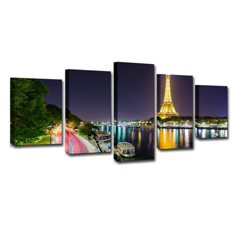 Lienzo verde decoración de pared inspirado en la escena nocturna de la Torre Eiffel junto al río impresión artística Verde...