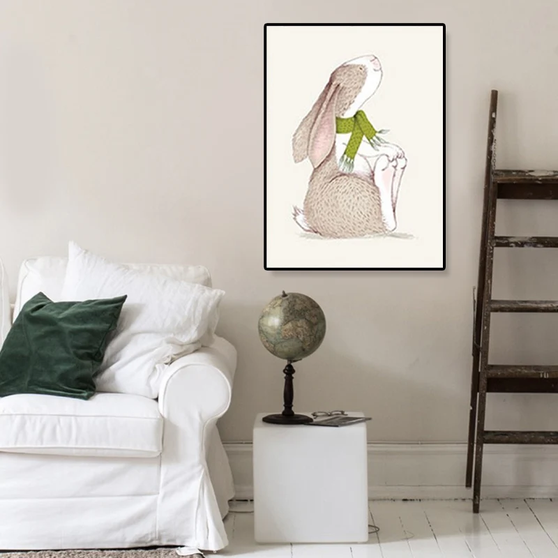 Linda ilustración animal lienzo arte casa interior vida salvaje decoración de pared en color suave, texturizado Verde Clea...