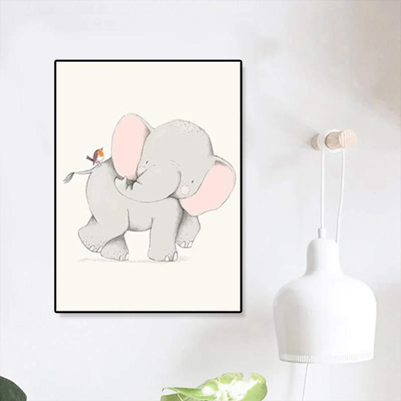 Linda ilustración animal lienzo arte casa interior vida salvaje decoración de pared en color suave, texturizado Verde Clea...