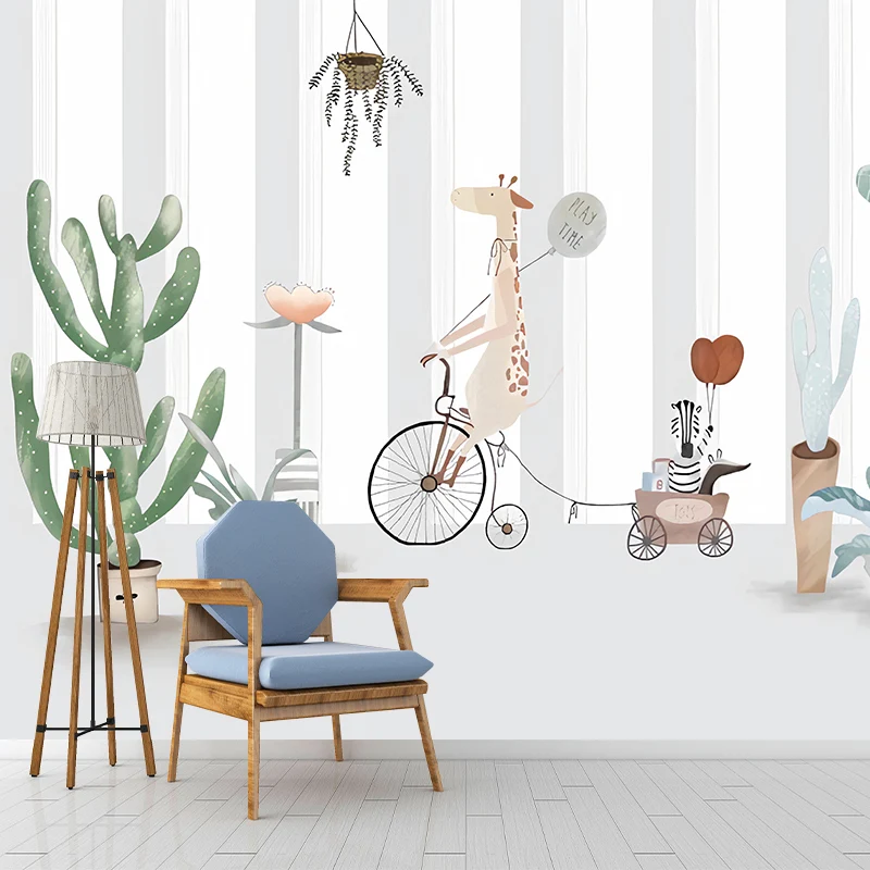 Lindo papel pintado mural de cactus para dormitorio infantil, verde y gris, tamaño personalizado disponible Gris Clearhalo
