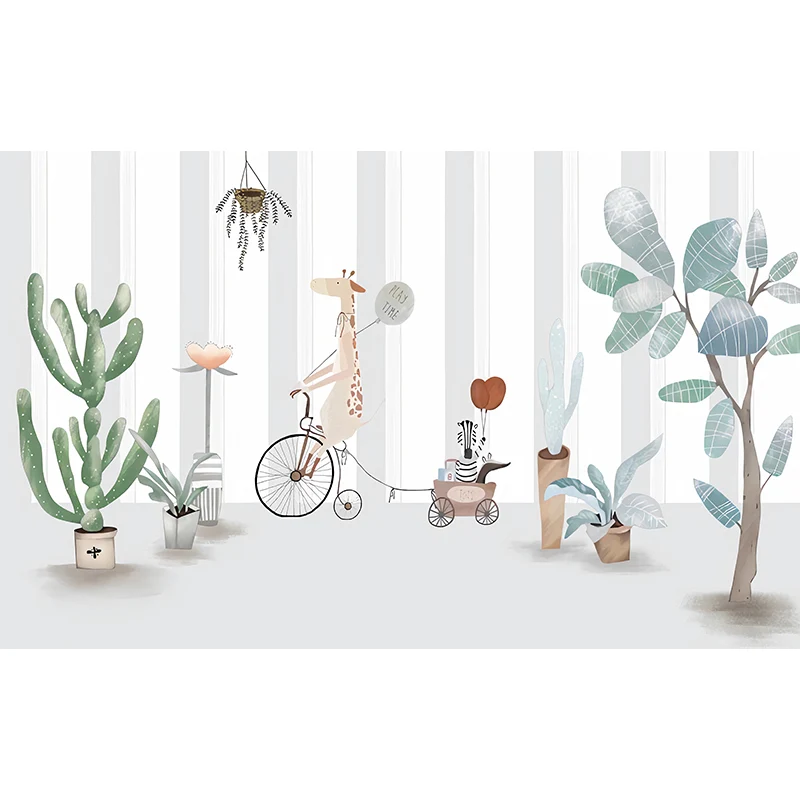 Lindo papel pintado mural de cactus para dormitorio infantil, verde y gris, tamaño personalizado disponible Gris Clearhalo