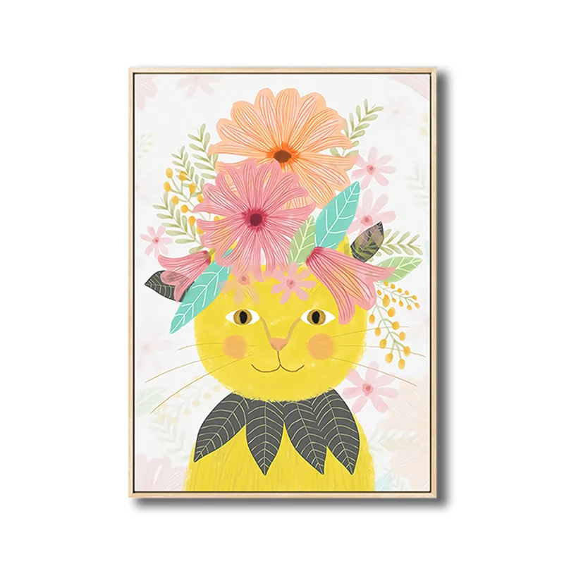 Mascota de dibujos animados con flores, lienzo impreso, decoración de pared colorida texturizada para guarderí Azul Clearhalo