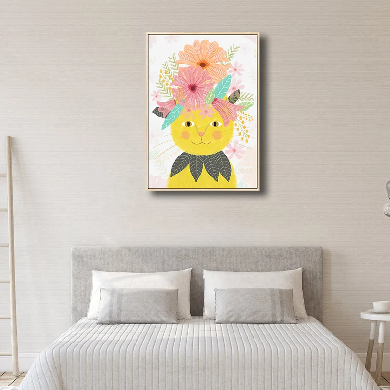 Mascota de dibujos animados con flores, lienzo impreso, decoración de pared colorida texturizada para guarderí Azul Clearhalo
