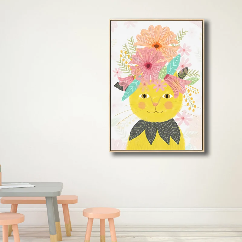 Mascota de dibujos animados con flores, lienzo impreso, decoración de pared colorida texturizada para guarderí Azul Clearhalo