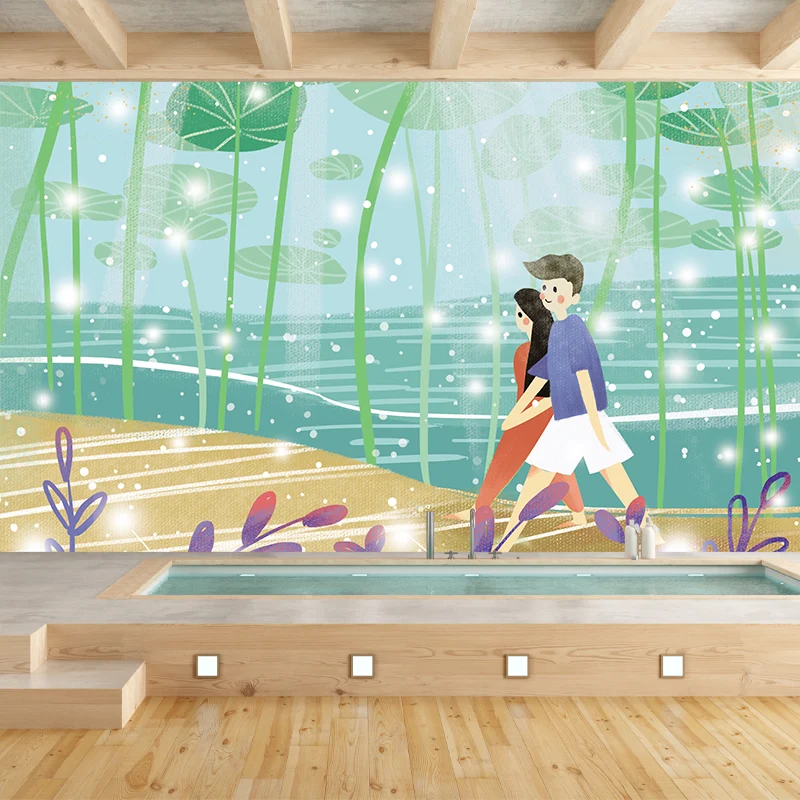 Mural de amante bajo la hoja de loto, arte infantil, revestimiento de pared liso en verde, tejido no tejido Verde Clearhalo