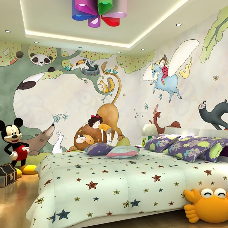 Mural de animales de dibujos animados con ilustración para niños, revestimiento de paredes con efecto 3D para dormitorio i...