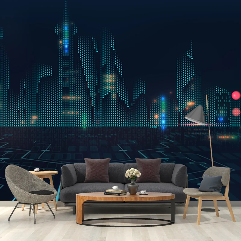 Mural arquitectónico de ciudad azul oscuro, revestimiento de paredes resistente la humedad para habitación de adultos Azul...
