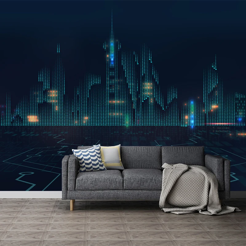 Mural arquitectónico de ciudad azul oscuro, revestimiento de paredes resistente la humedad para habitación de adultos Azul...