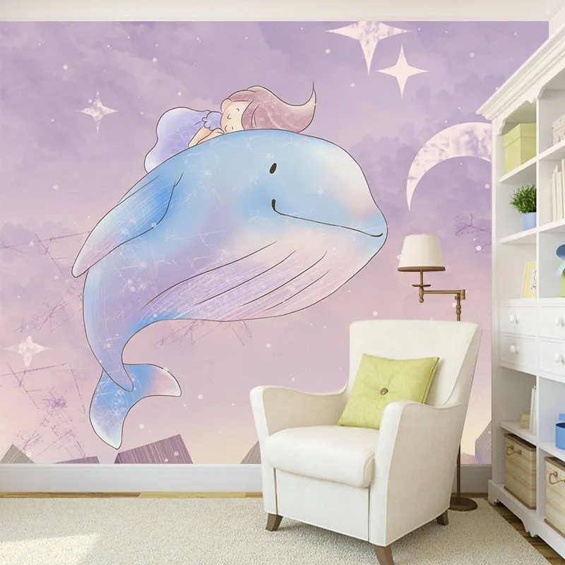 Mural de ballena montando niñ soñadora para decoración de pared de dibujos animados de dormitorio, tamaño personalizado Pu...