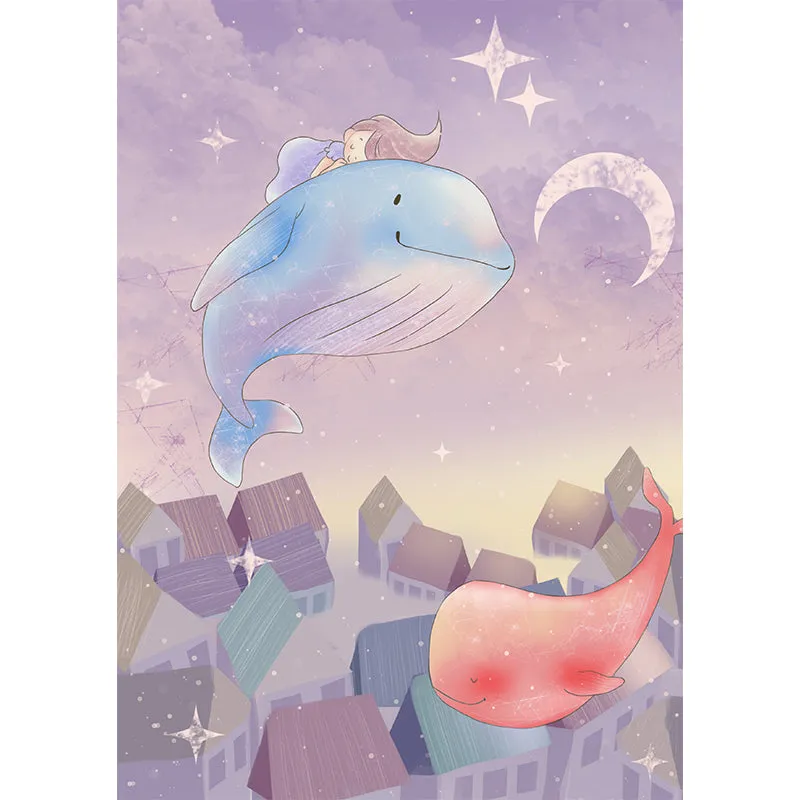 Mural de ballena montando niñ soñadora para decoración de pared de dibujos animados de dormitorio, tamaño personalizado Pu...