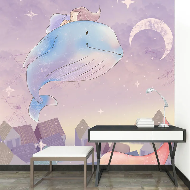 Mural de ballena montando niñ soñadora para decoración de pared de dibujos animados de dormitorio, tamaño personalizado Pu...