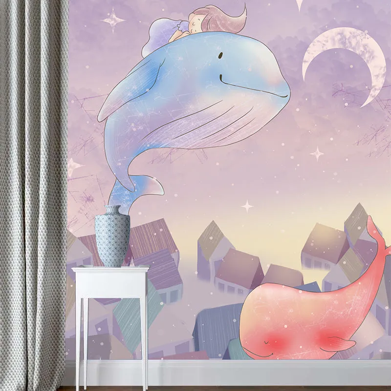 Mural de ballena montando niñ soñadora para decoración de pared de dibujos animados de dormitorio, tamaño personalizado Pu...