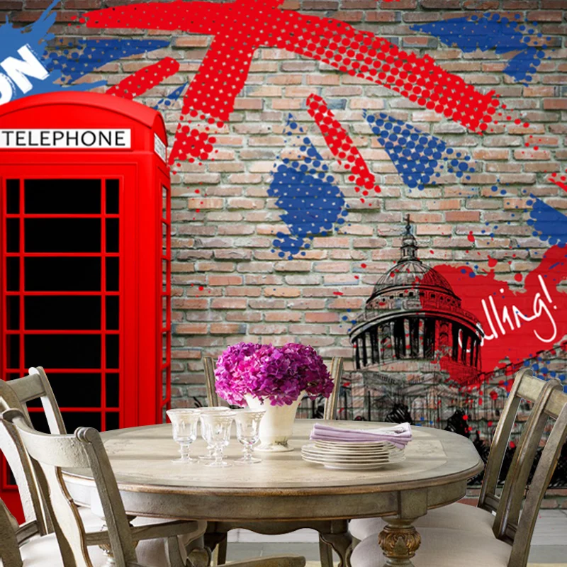 Mural de cabina telefónica resistente las manchas, tela no tejida, arte de pared nostálgico para cafeterí Rojo Clearhalo