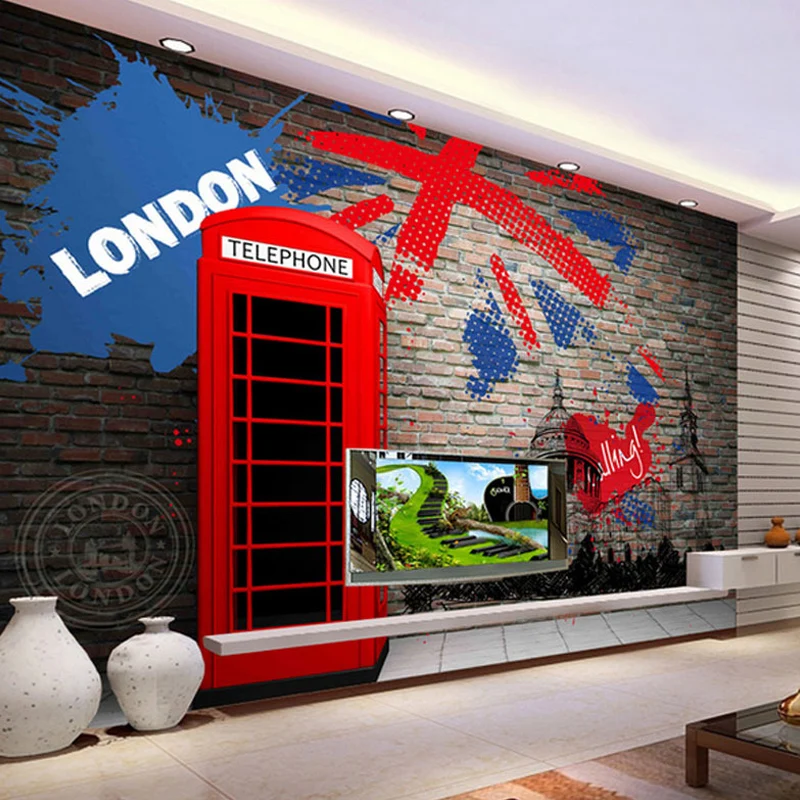 Mural de cabina telefónica resistente las manchas, tela no tejida, arte de pared nostálgico para cafeterí Rojo Clearhalo