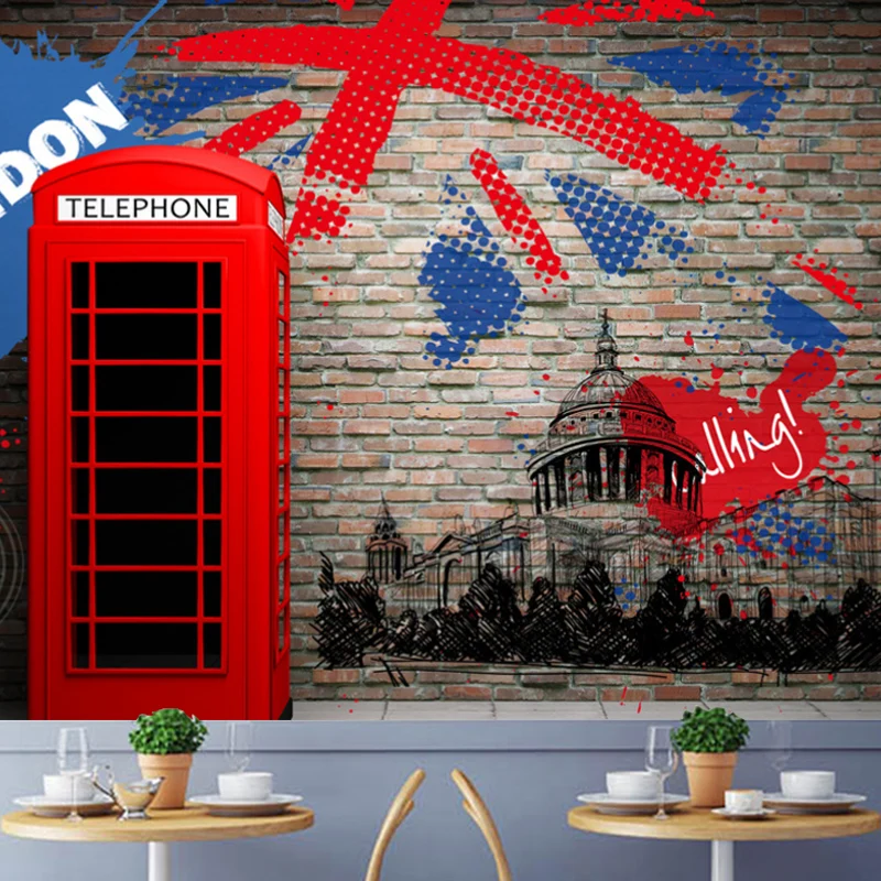 Mural de cabina telefónica resistente las manchas, tela no tejida, arte de pared nostálgico para cafeterí Rojo Clearhalo