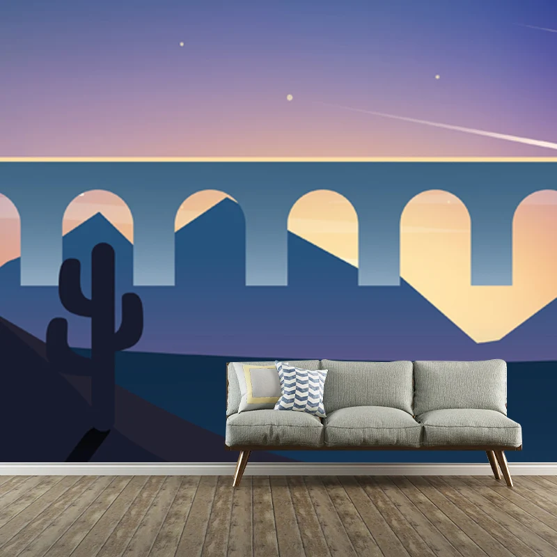 Mural de Cactus salvaje púrpura y azul, meteorito, cielo nocturno, decoración de pared nórdica prueba de agua para dormito...
