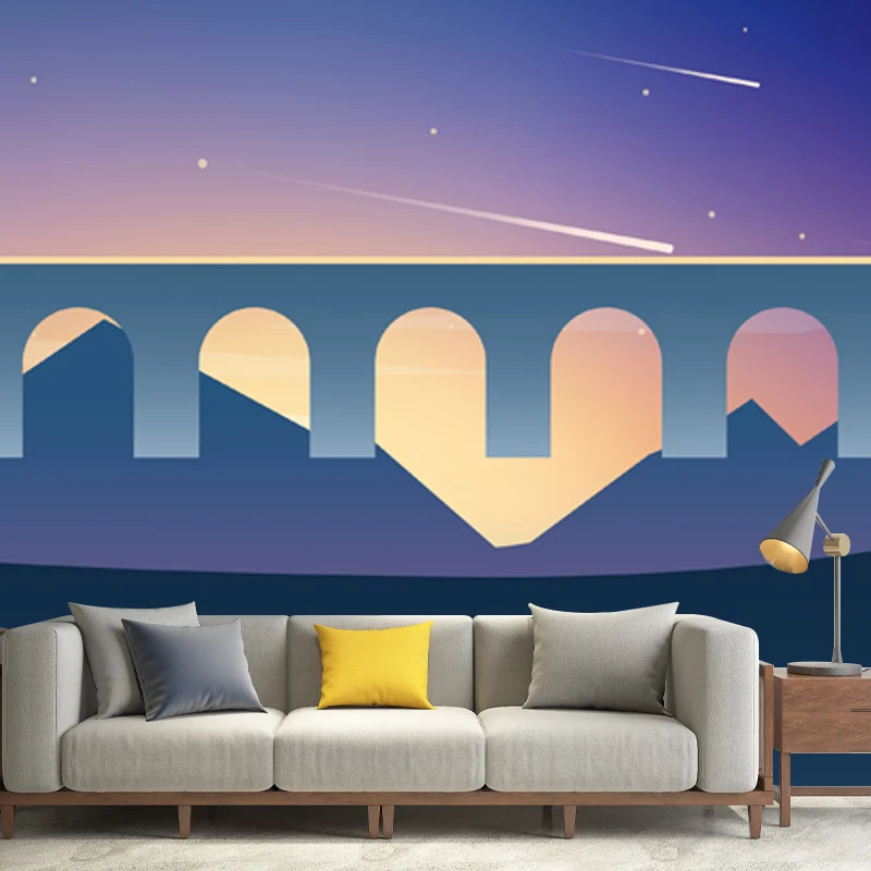 Mural de Cactus salvaje púrpura y azul, meteorito, cielo nocturno, decoración de pared nórdica prueba de agua para dormito...