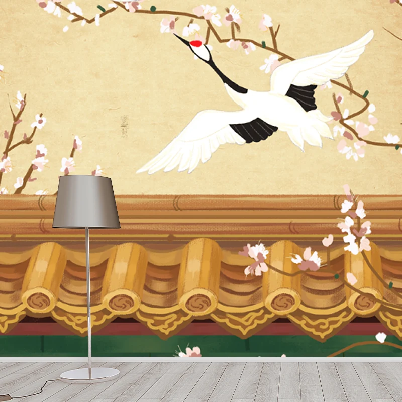 Mural chinoiserie con ilustración personalizada con patrón Halcyon Fly over Roof en amarillo claro Amarillo Clearhalo