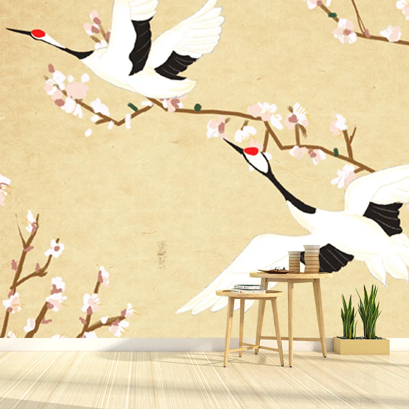 Mural chinoiserie con ilustración personalizada con patrón Halcyon Fly over Roof en amarillo claro Amarillo Clearhalo