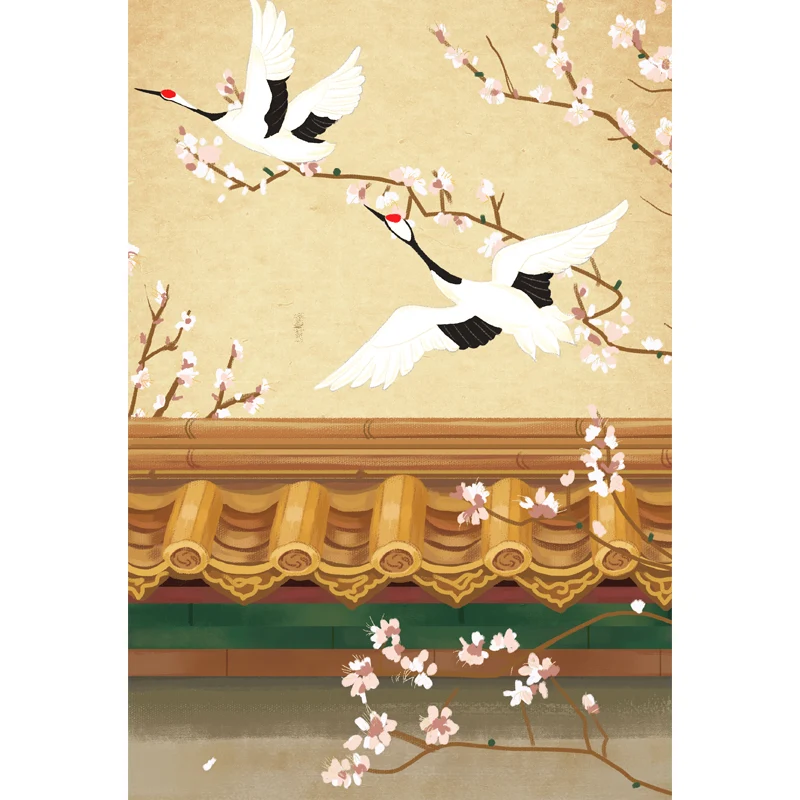 Mural chinoiserie con ilustración personalizada con patrón Halcyon Fly over Roof en amarillo claro Amarillo Clearhalo