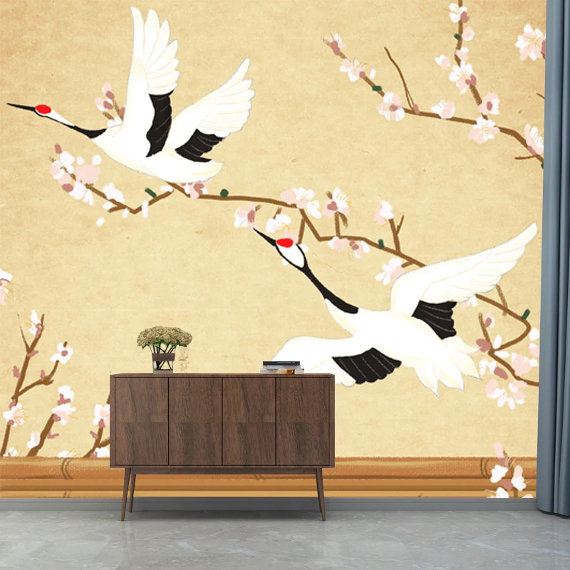 Mural chinoiserie con ilustración personalizada con patrón Halcyon Fly over Roof en amarillo claro Amarillo Clearhalo