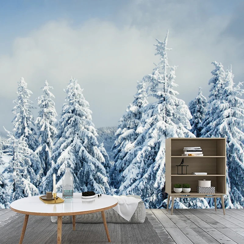 Mural de ciprés cubierto de nieve, arte moderno impermeable para pared de dormitorio, hecho medida, blanco Blanco Clearhalo