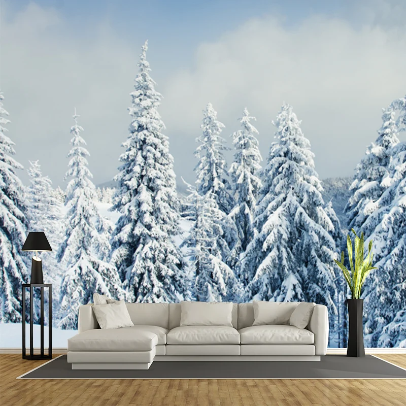 Mural de ciprés cubierto de nieve, arte moderno impermeable para pared de dormitorio, hecho medida, blanco Blanco Clearhalo