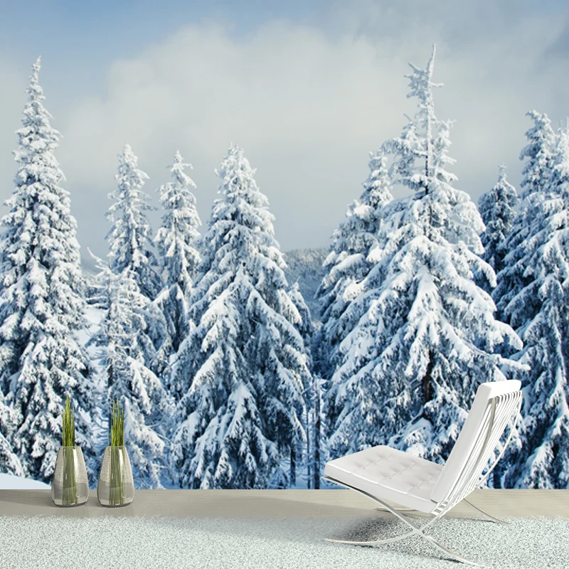 Mural de ciprés cubierto de nieve, arte moderno impermeable para pared de dormitorio, hecho medida, blanco Blanco Clearhalo