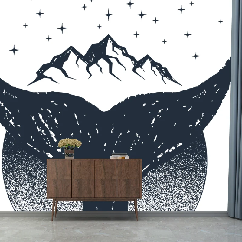 Mural de cola de ballena y montañ en arte de pared contemporáneo en blanco y negro para Home Gallery Negro Clearhalo