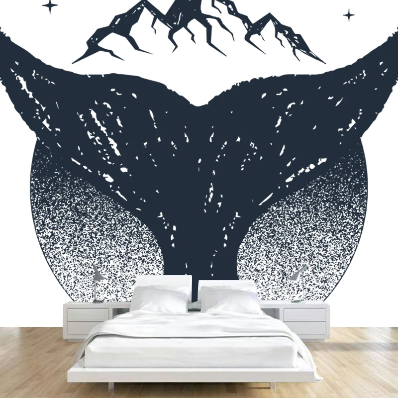 Mural de cola de ballena y montañ en arte de pared contemporáneo en blanco y negro para Home Gallery Negro Clearhalo
