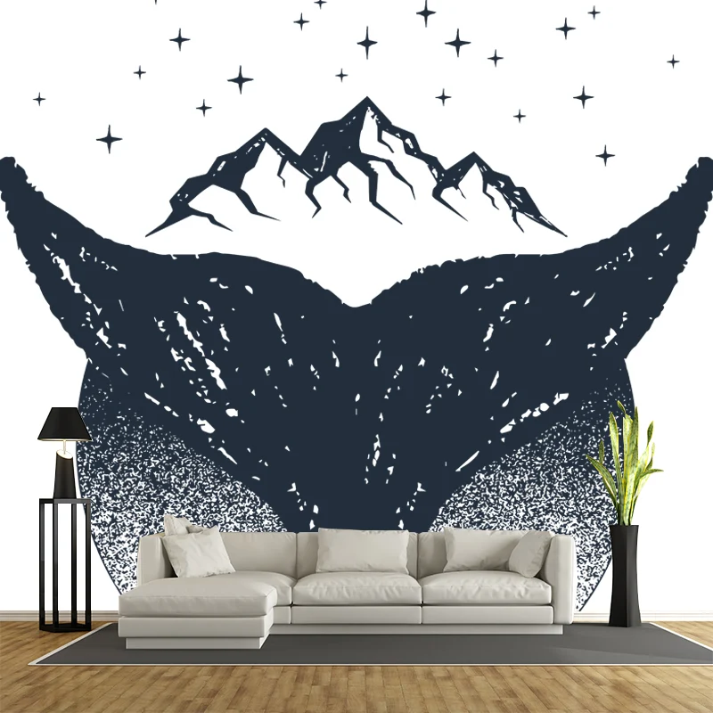 Mural de cola de ballena y montañ en arte de pared contemporáneo en blanco y negro para Home Gallery Negro Clearhalo