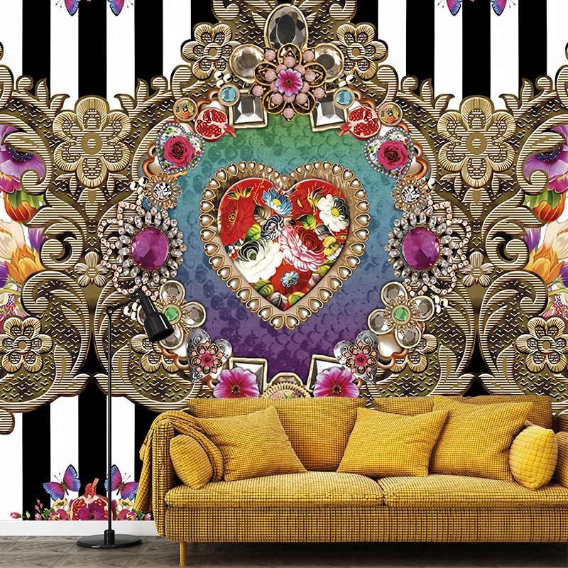 Mural completo de damasco y corazón en revestimiento de paredes de tela no tejida marrón para decoración del hogar, impres...