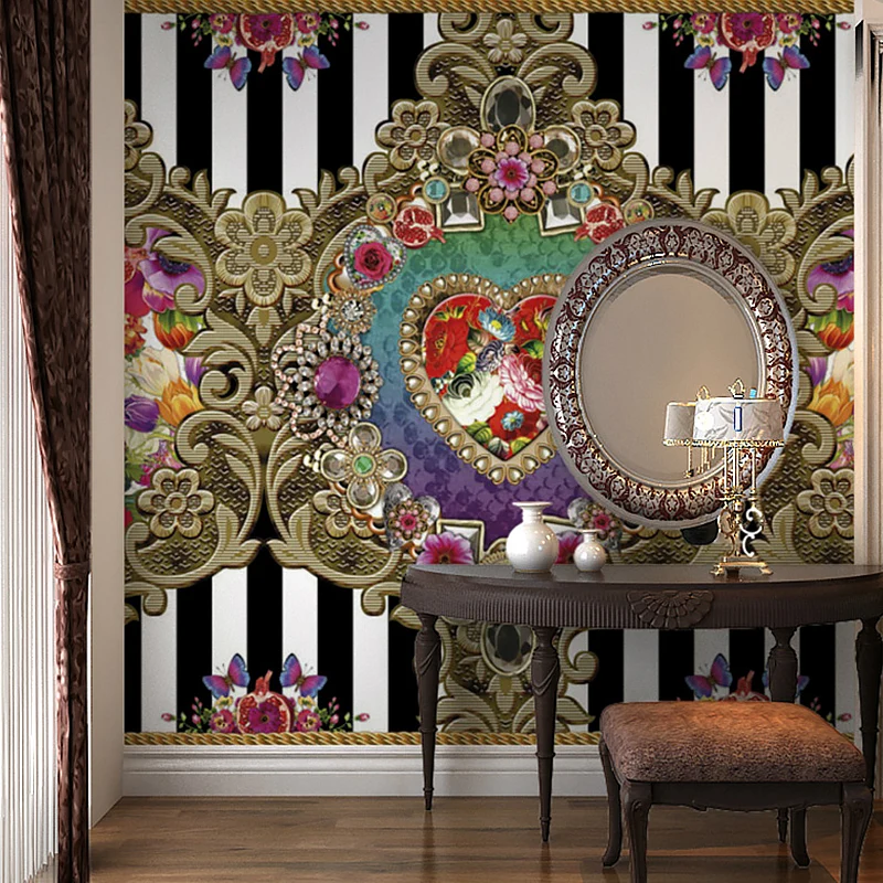 Mural completo de damasco y corazón en revestimiento de paredes de tela no tejida marrón para decoración del hogar, impres...