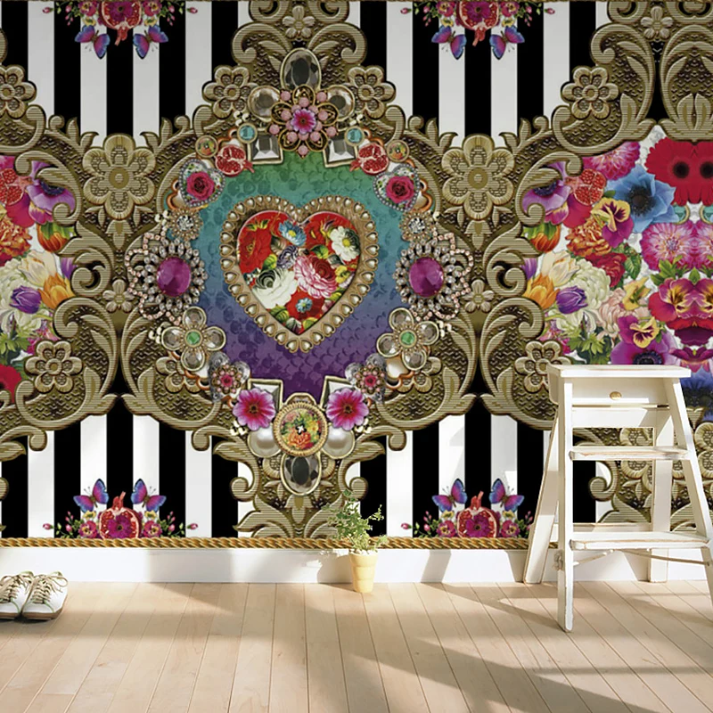 Mural completo de damasco y corazón en revestimiento de paredes de tela no tejida marrón para decoración del hogar, impres...