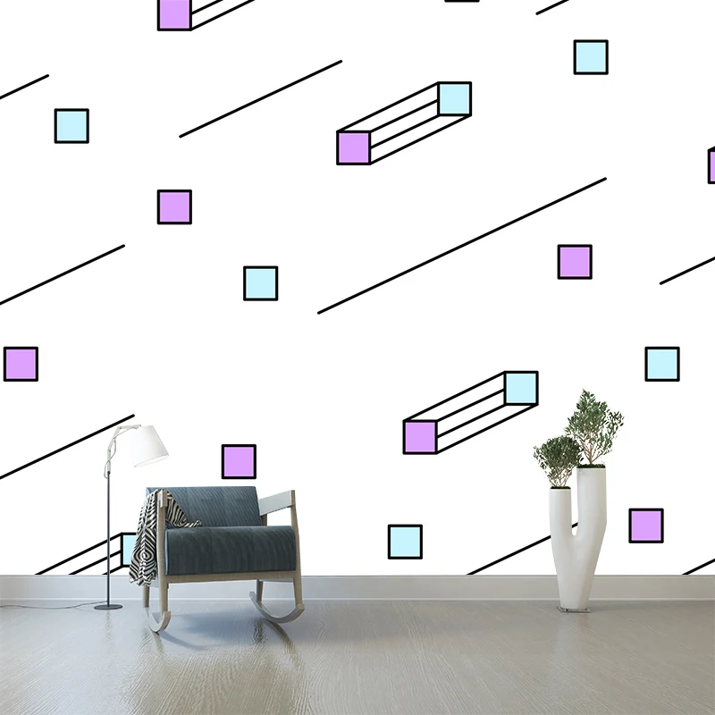 Mural con estampado geométrico contemporáneo, arte de pared en colores pastel impermeable no tejido para dormitorio Blanco...