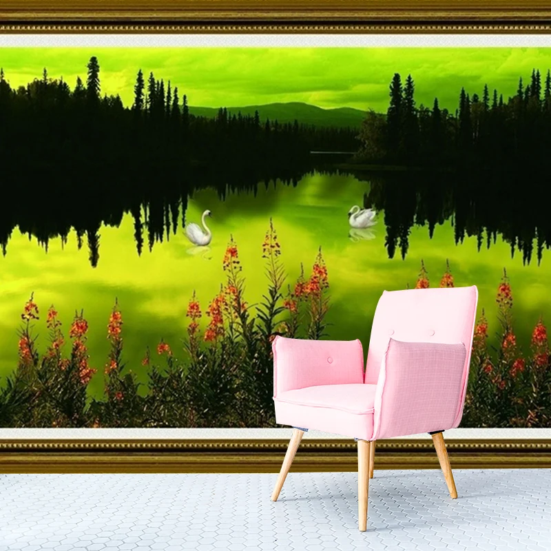 Mural con reflejo del lago al atardecer, revestimiento de paredes Art Déco en negro y verde para sala de estar Negro Clear...
