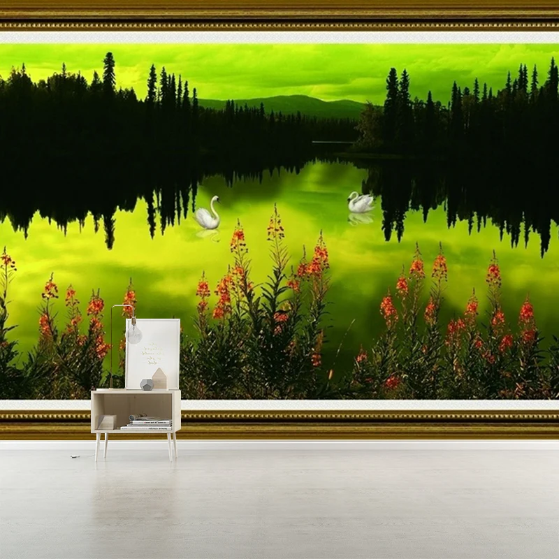 Mural con reflejo del lago al atardecer, revestimiento de paredes Art Déco en negro y verde para sala de estar Negro Clear...