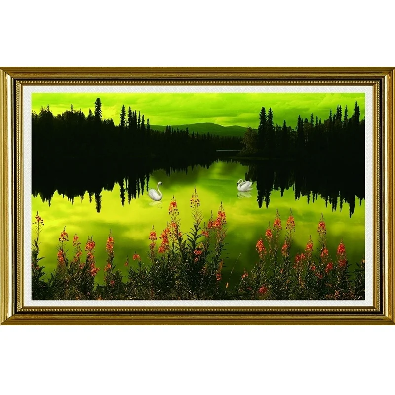 Mural con reflejo del lago al atardecer, revestimiento de paredes Art Déco en negro y verde para sala de estar Negro Clear...