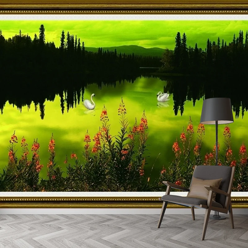 Mural con reflejo del lago al atardecer, revestimiento de paredes Art Déco en negro y verde para sala de estar Negro Clear...