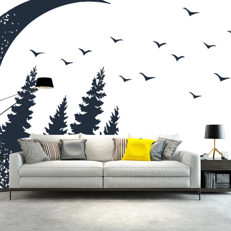 Mural Creativo de Media Luna y Bosque para Dormitorio de Niñ, Blanco-Negro, Hecho Medida Negro Clearhalo