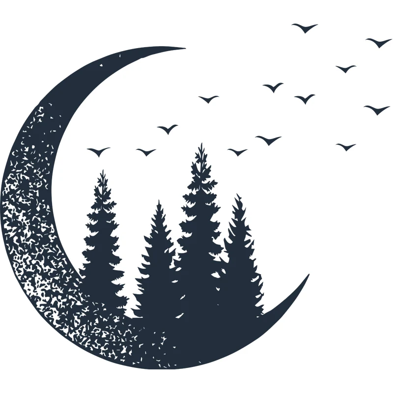 Mural Creativo de Media Luna y Bosque para Dormitorio de Niñ, Blanco-Negro, Hecho Medida Negro Clearhalo