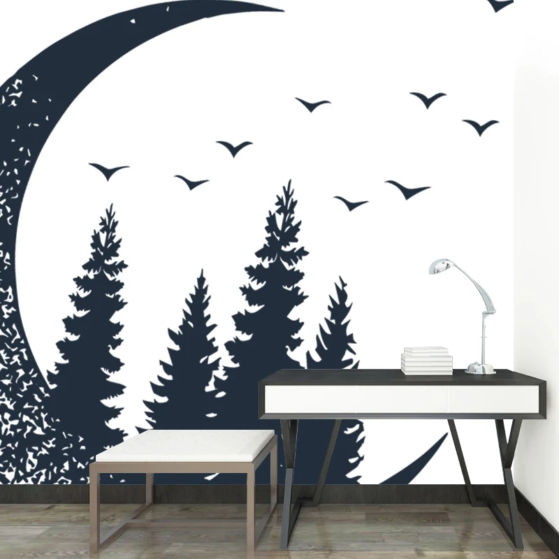Mural Creativo de Media Luna y Bosque para Dormitorio de Niñ, Blanco-Negro, Hecho Medida Negro Clearhalo