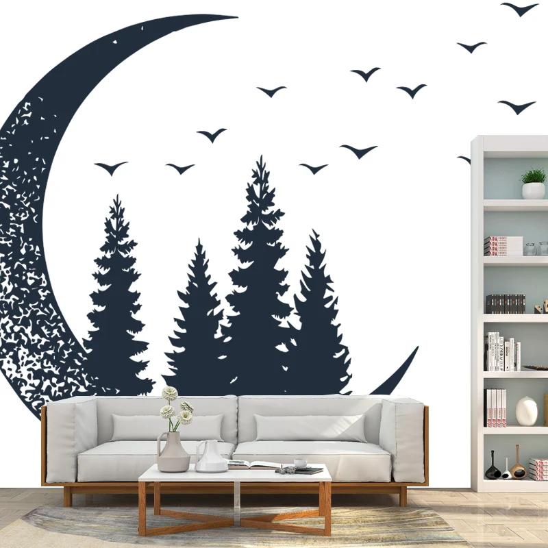 Mural Creativo de Media Luna y Bosque para Dormitorio de Niñ, Blanco-Negro, Hecho Medida Negro Clearhalo