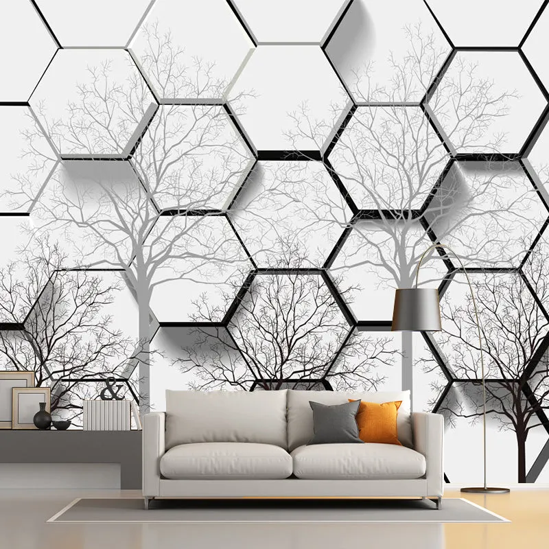 Mural creativo de árbol desnudo en forma de panal, arte de pared resistente la humedad en blanco y negro para el hogar Neg...