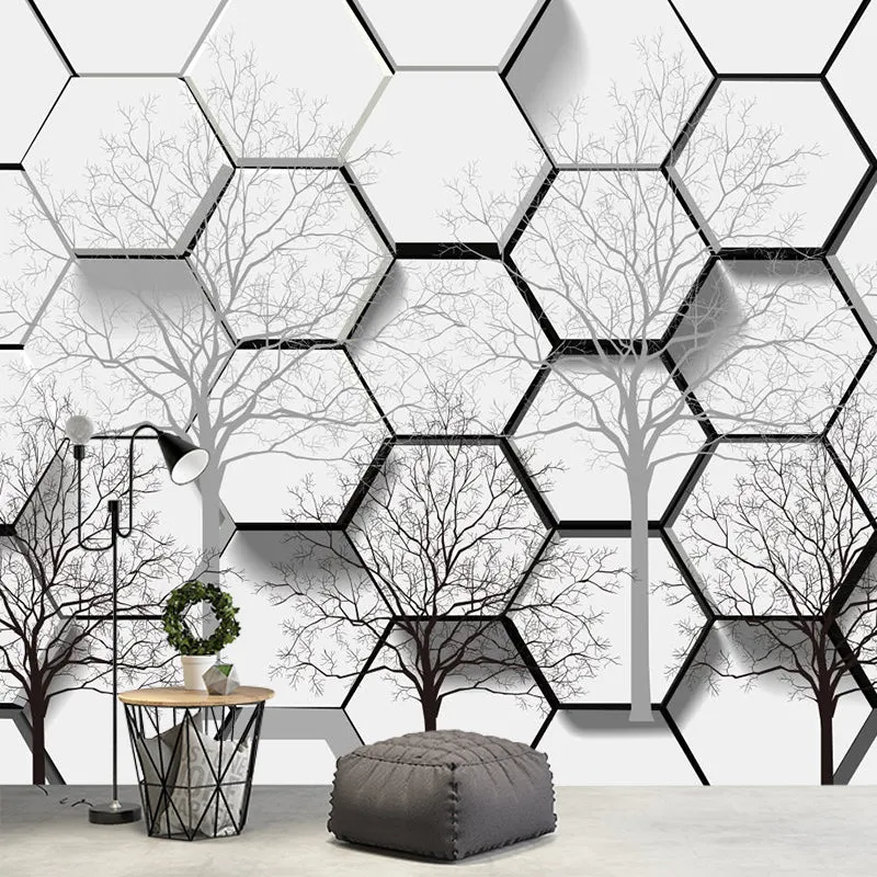 Mural creativo de árbol desnudo en forma de panal, arte de pared resistente la humedad en blanco y negro para el hogar Neg...