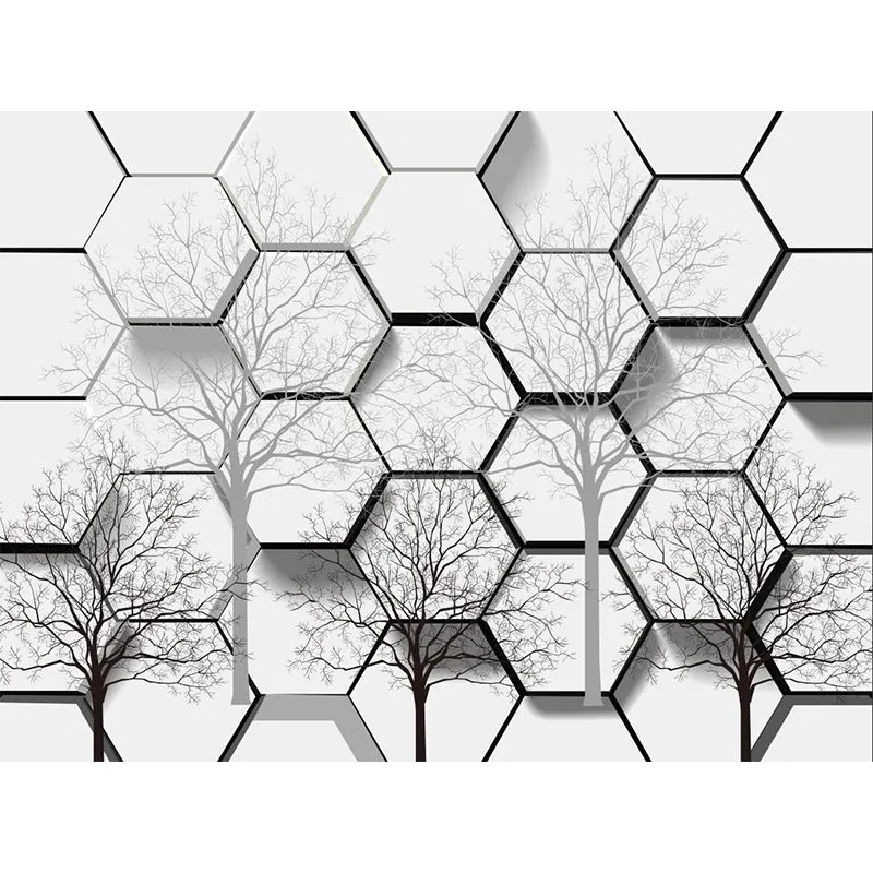 Mural creativo de árbol desnudo en forma de panal, arte de pared resistente la humedad en blanco y negro para el hogar Neg...