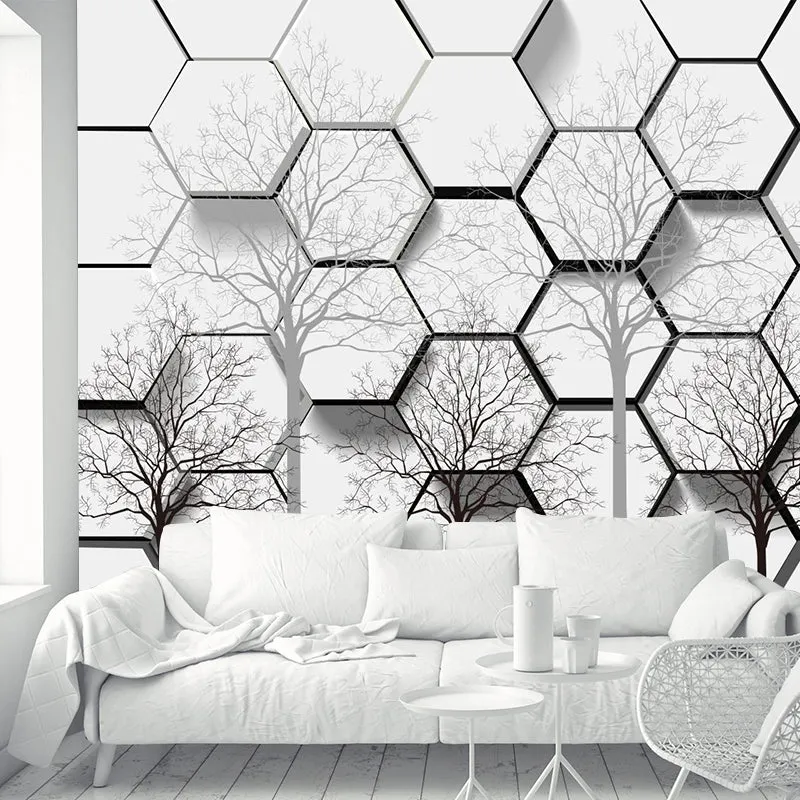 Mural creativo de árbol desnudo en forma de panal, arte de pared resistente la humedad en blanco y negro para el hogar Neg...