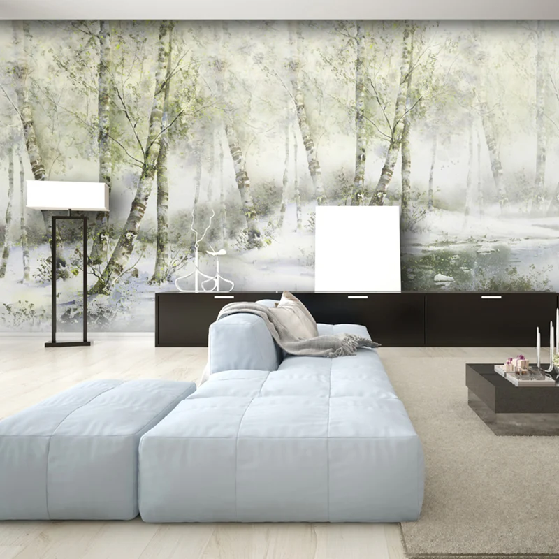 Mural decorativo de río y bosque, revestimiento de paredes de material no tejido para pared decorativa en gris y amarillo...